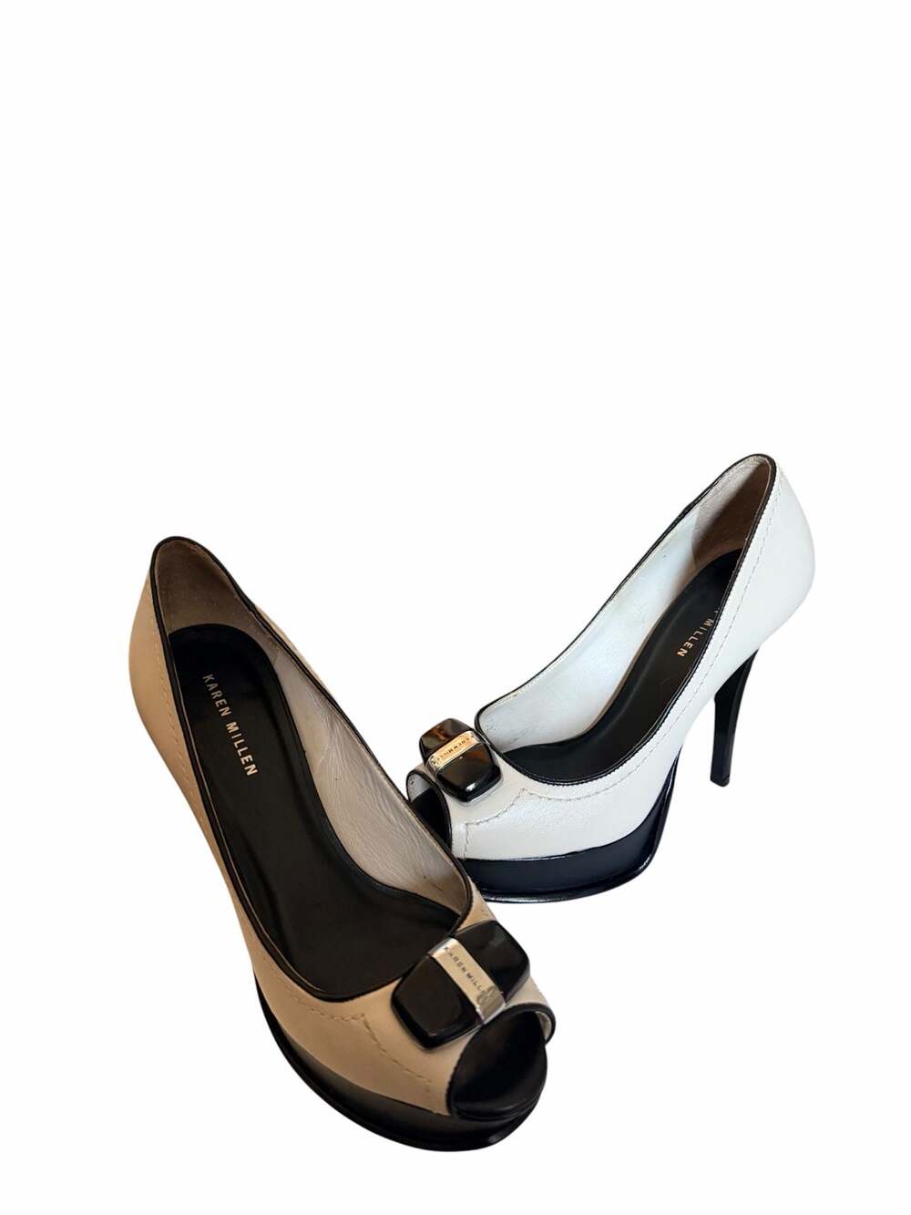Karen Millen Ivory and Black Leather Peep Toe Platform Stiletto Pumps with Bow A